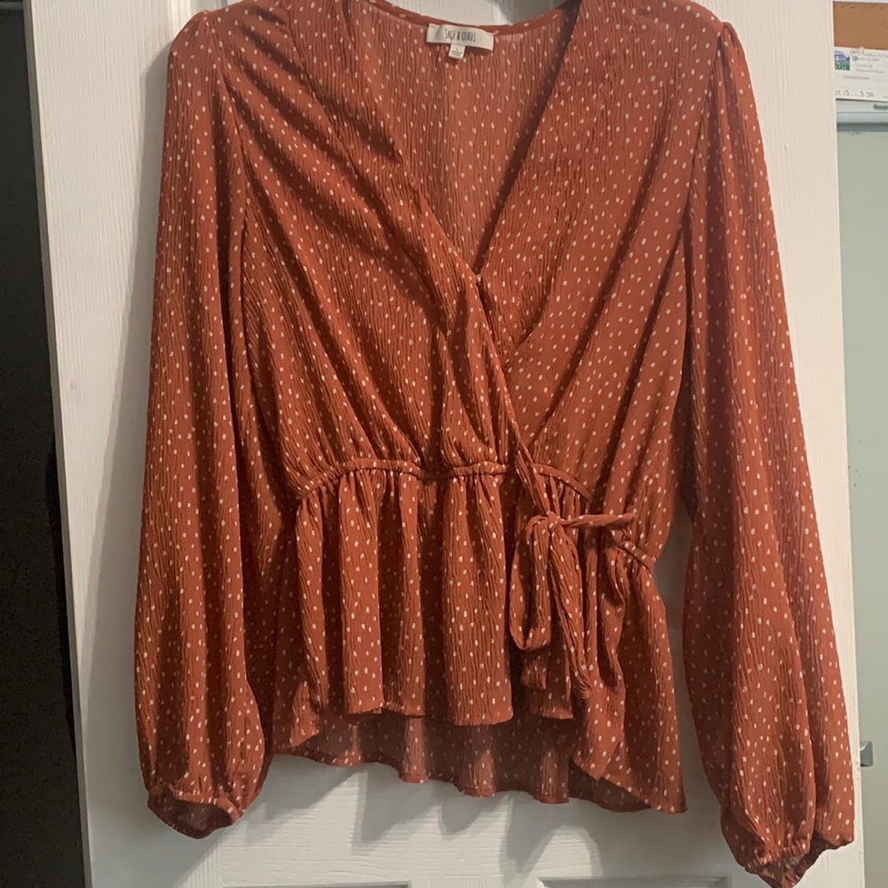 Copper colored  V-Neck blouse with a polka dot design & long sleeves.